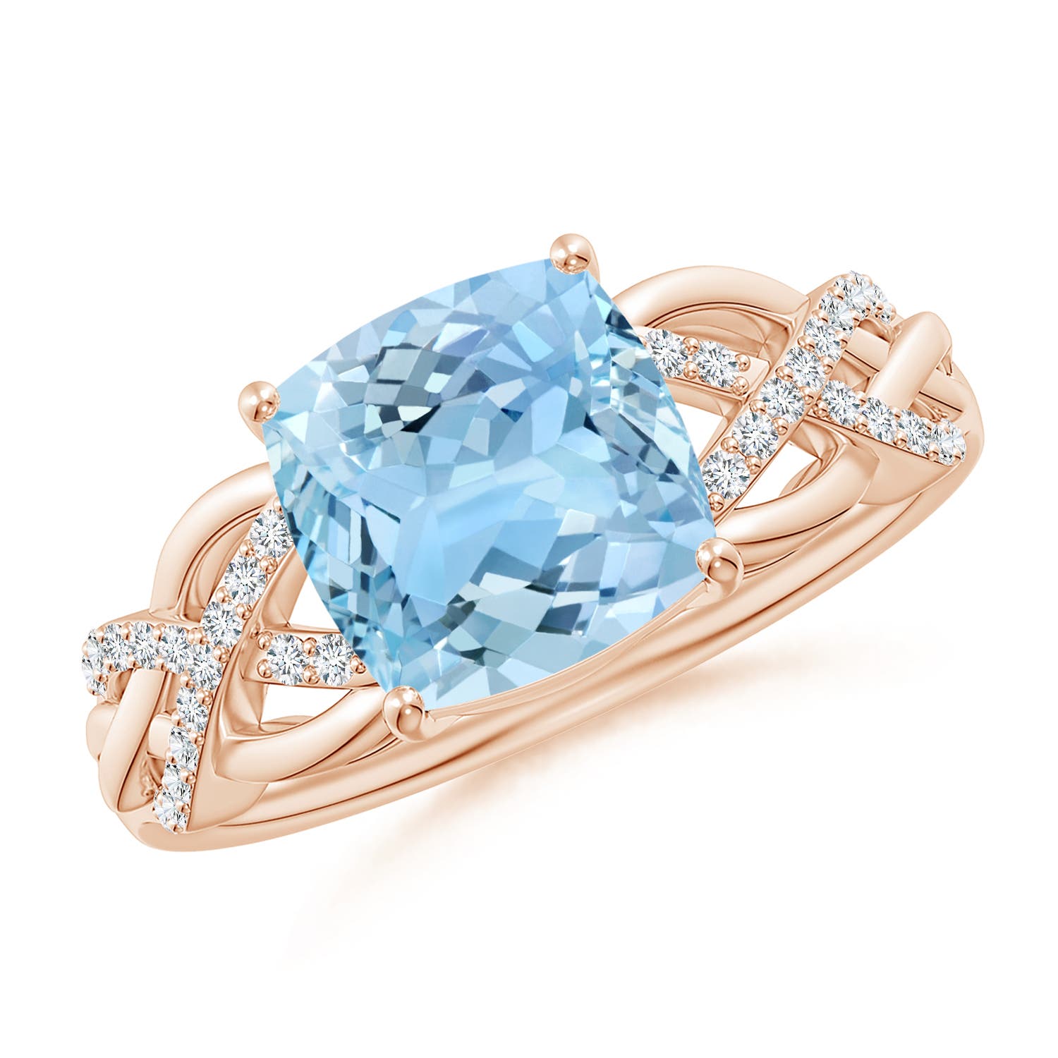 8mm AAAA Criss Cross Shank Cushion Aquamarine Engagement Ring in Rose Gold