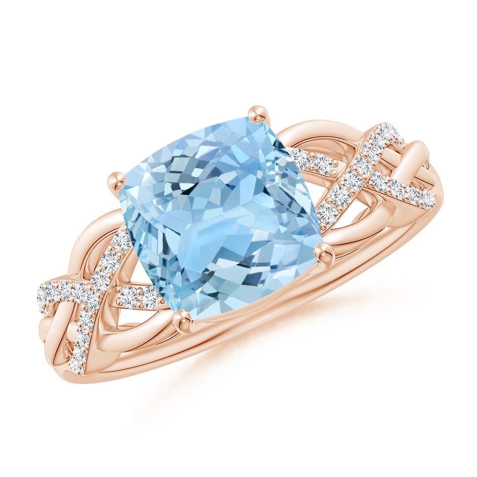 8mm AAAA Criss Cross Shank Cushion Aquamarine Engagement Ring in Rose Gold 