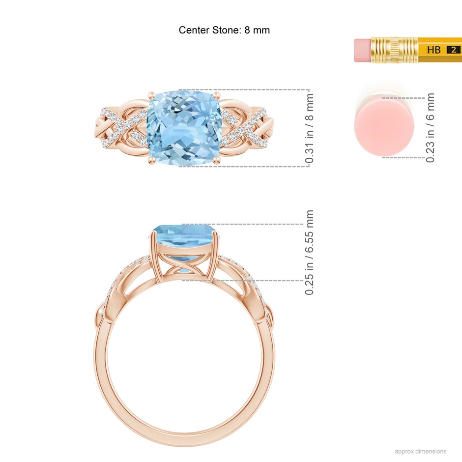 8mm AAAA Criss Cross Shank Cushion Aquamarine Engagement Ring in Rose Gold ruler