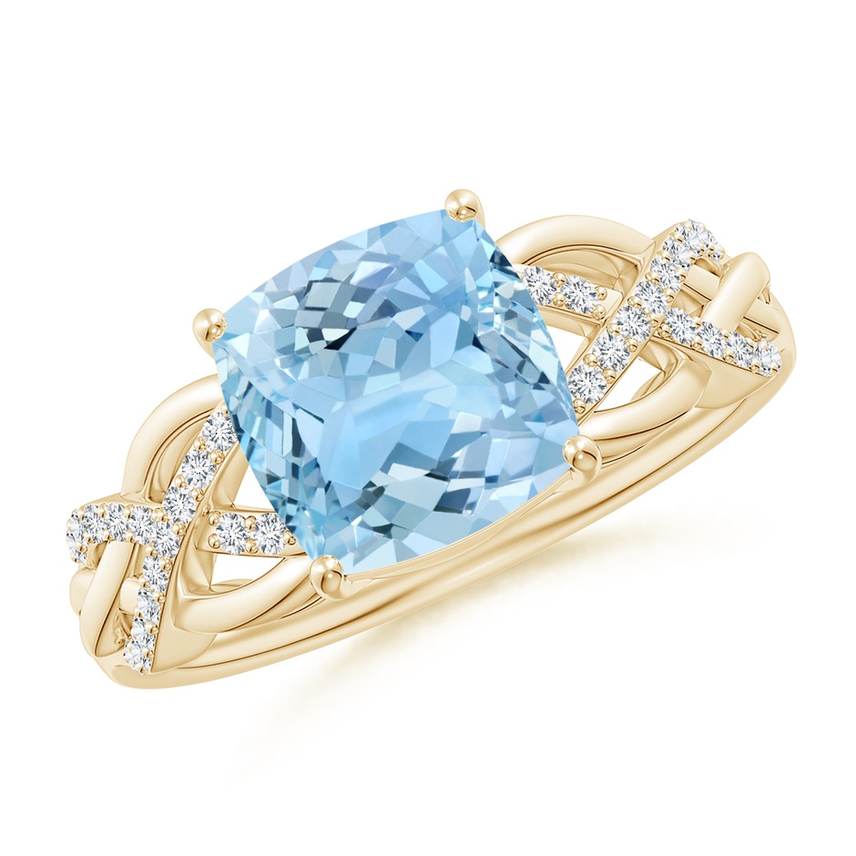 8mm AAAA Criss Cross Shank Cushion Aquamarine Engagement Ring in Yellow Gold 