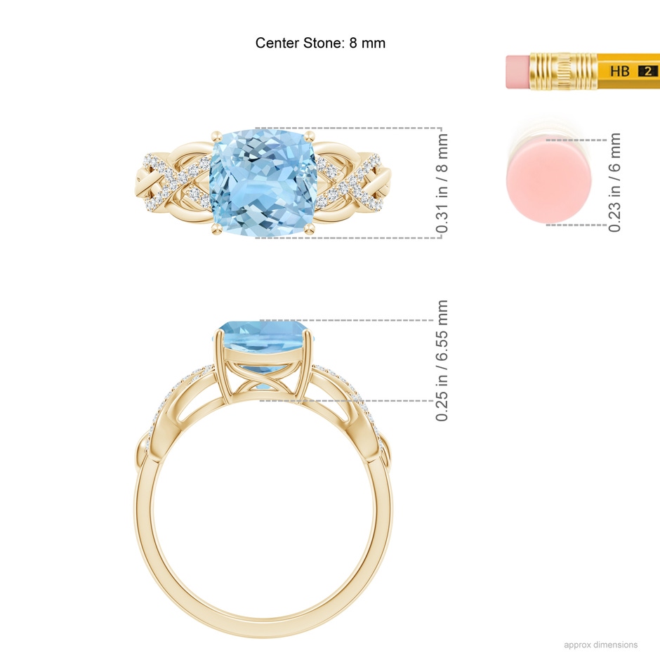 8mm AAAA Criss Cross Shank Cushion Aquamarine Engagement Ring in Yellow Gold ruler