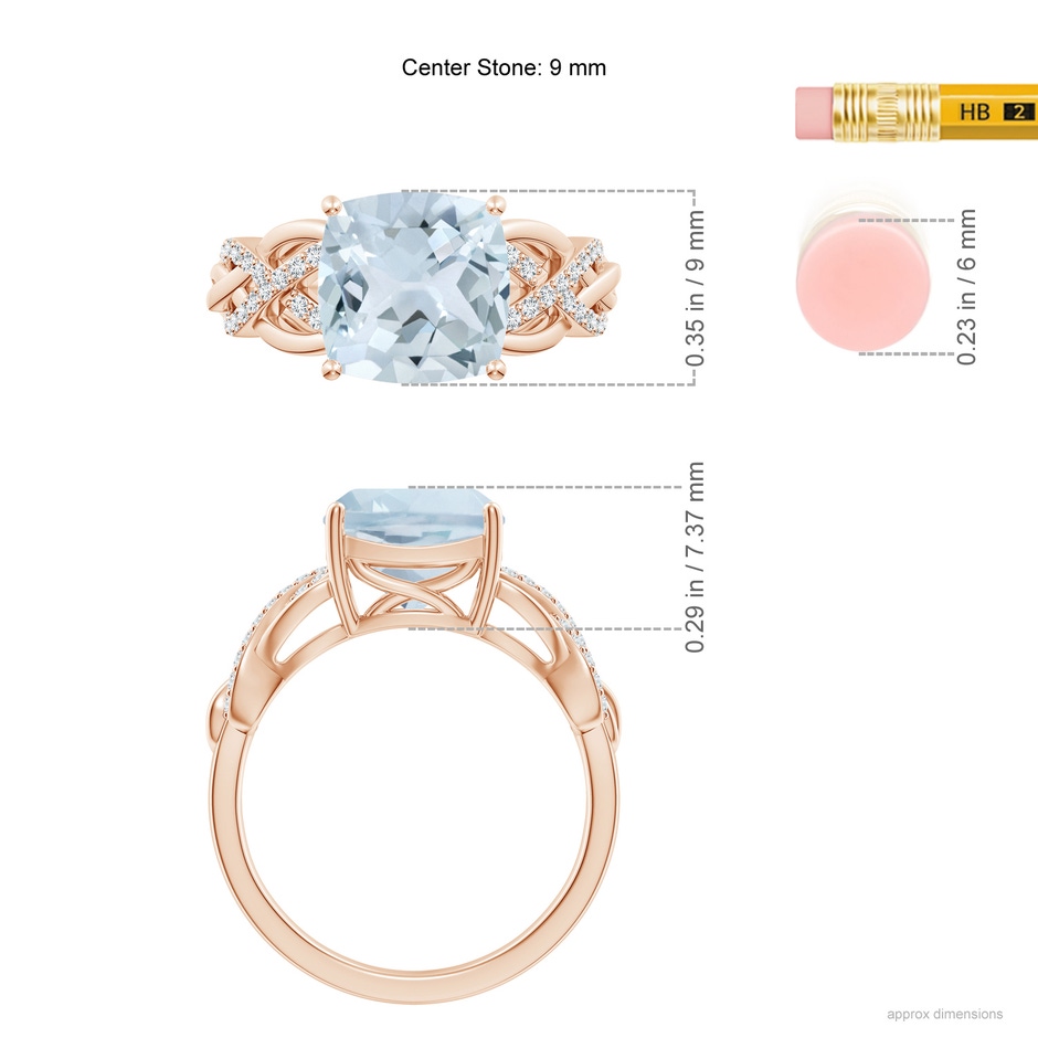 9mm A Criss Cross Shank Cushion Aquamarine Engagement Ring in Rose Gold ruler