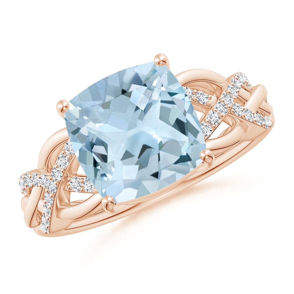 9mm AA Criss Cross Shank Cushion Aquamarine Engagement Ring in Rose Gold 