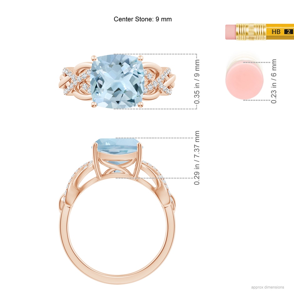 9mm AA Criss Cross Shank Cushion Aquamarine Engagement Ring in Rose Gold ruler