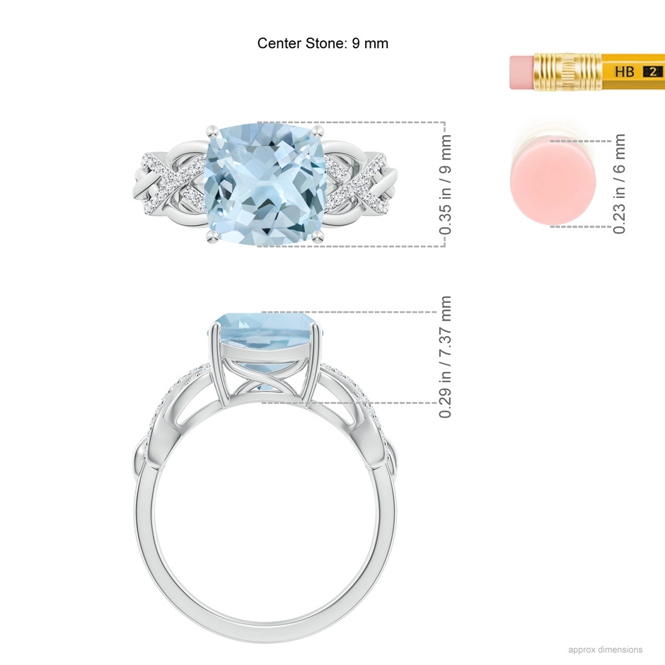9mm AA Criss Cross Shank Cushion Aquamarine Engagement Ring in White Gold ruler