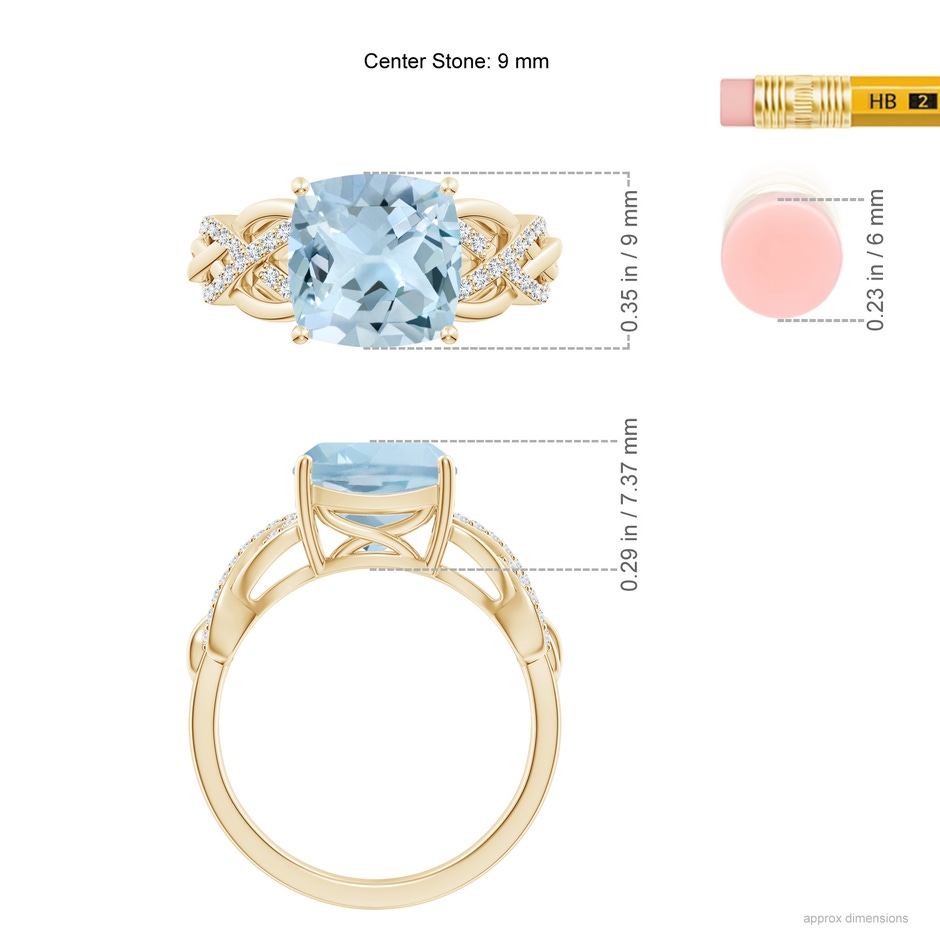 9mm AA Criss Cross Shank Cushion Aquamarine Engagement Ring in Yellow Gold ruler