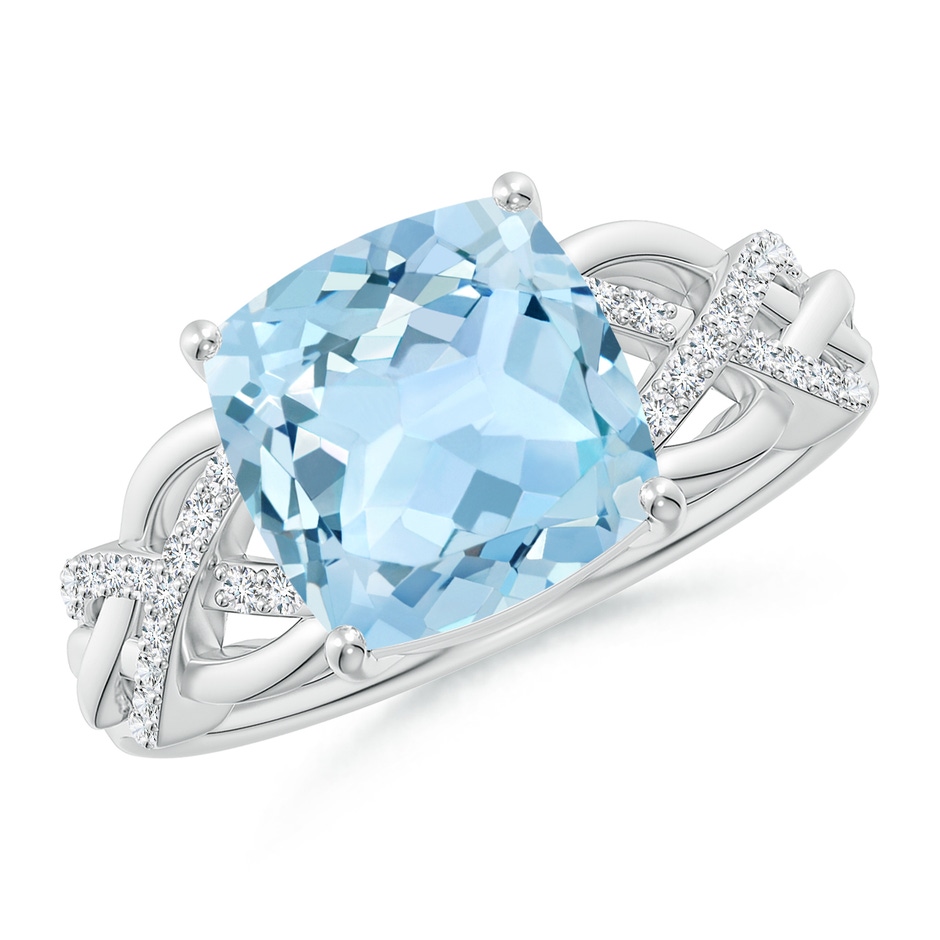 9mm AAA Criss Cross Shank Cushion Aquamarine Engagement Ring in White Gold 