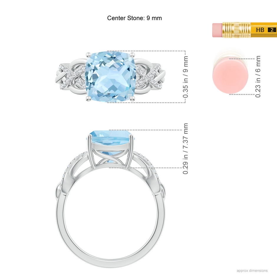 9mm AAA Criss Cross Shank Cushion Aquamarine Engagement Ring in White Gold ruler