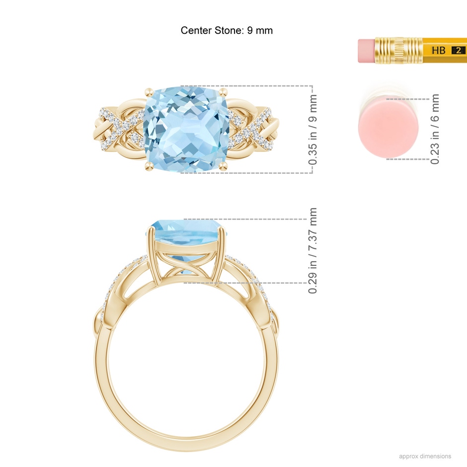 9mm AAA Criss Cross Shank Cushion Aquamarine Engagement Ring in Yellow Gold ruler