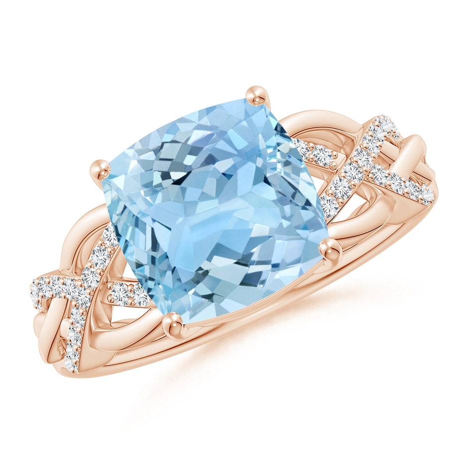 9mm AAAA Criss Cross Shank Cushion Aquamarine Engagement Ring in Rose Gold 