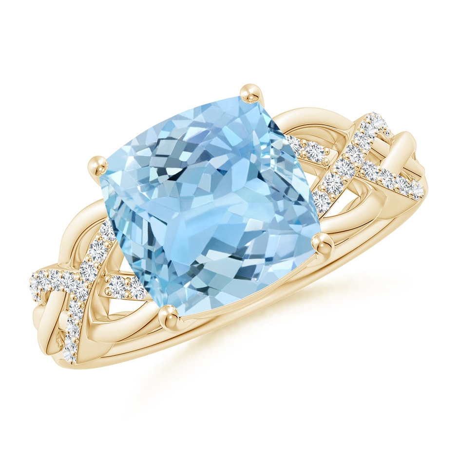 9mm AAAA Criss Cross Shank Cushion Aquamarine Engagement Ring in Yellow Gold 