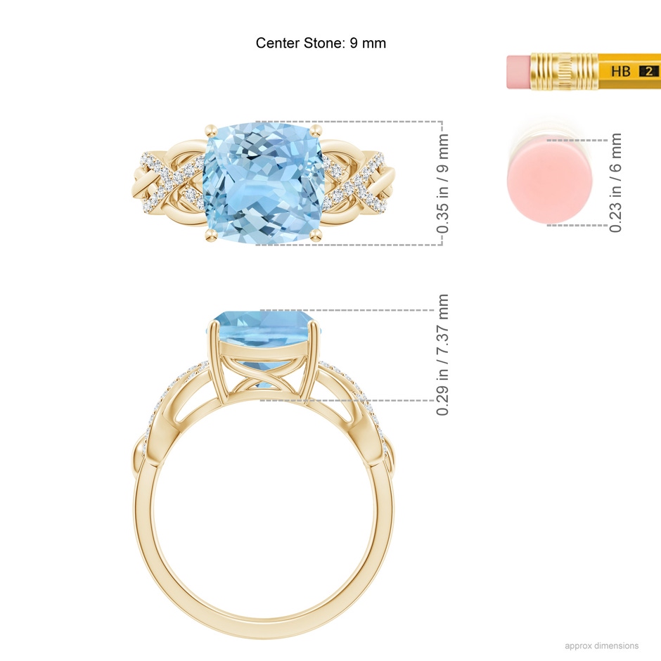 9mm AAAA Criss Cross Shank Cushion Aquamarine Engagement Ring in Yellow Gold ruler