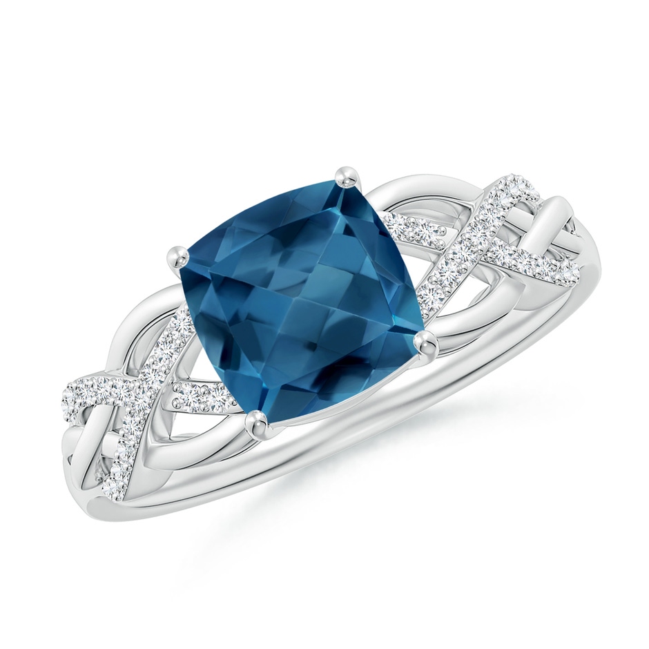 7mm AA Criss Cross Shank Cushion London Blue Topaz Engagement Ring in White Gold 