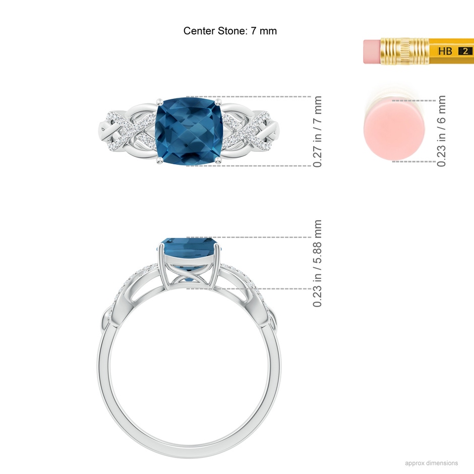 7mm AA Criss Cross Shank Cushion London Blue Topaz Engagement Ring in White Gold ruler