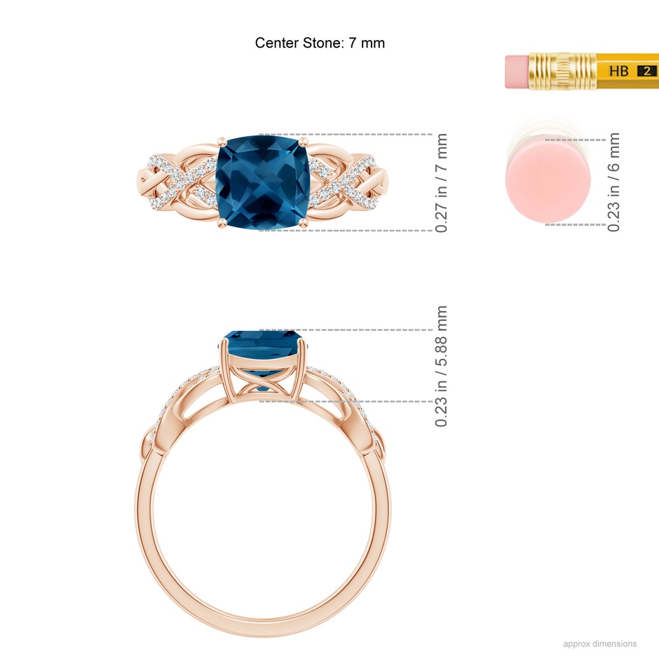 7mm AAA Criss Cross Shank Cushion London Blue Topaz Engagement Ring in Rose Gold ruler
