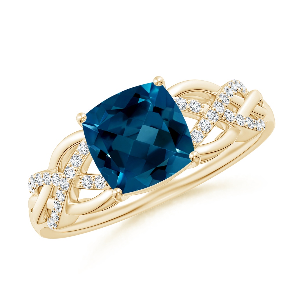 7mm AAAA Criss Cross Shank Cushion London Blue Topaz Engagement Ring in Yellow Gold