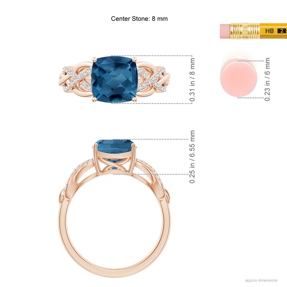 8mm AA Criss Cross Shank Cushion London Blue Topaz Engagement Ring in Rose Gold ruler