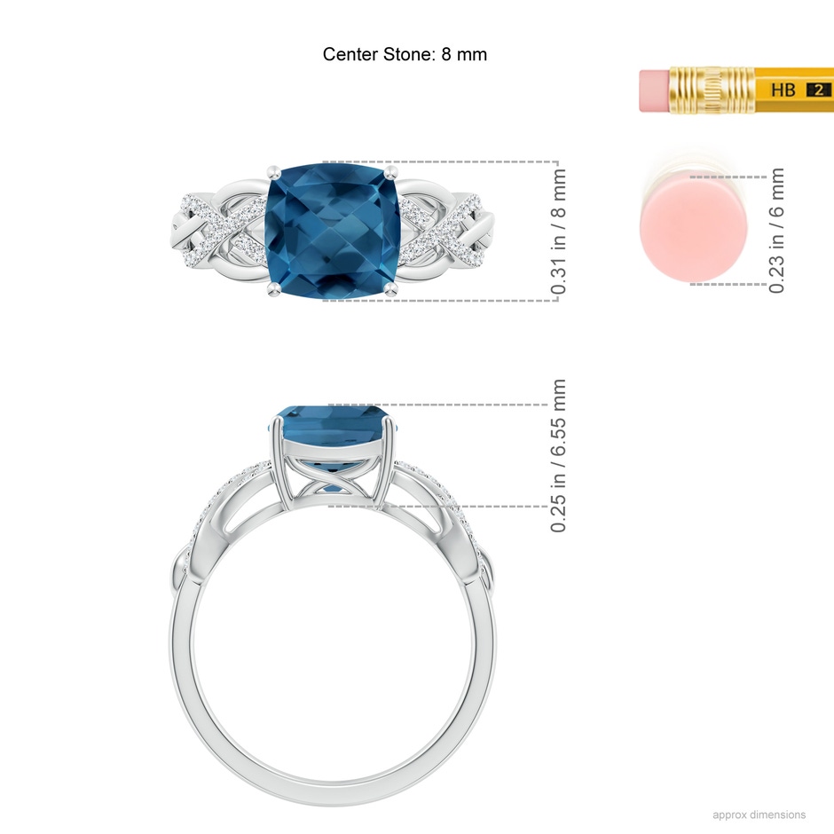 8mm AA Criss Cross Shank Cushion London Blue Topaz Engagement Ring in White Gold ruler