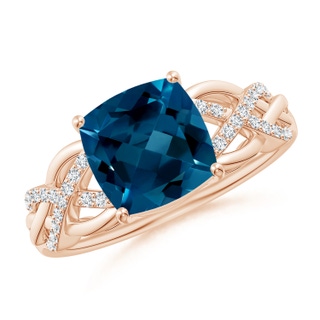 8mm AAAA Criss Cross Shank Cushion London Blue Topaz Engagement Ring in Rose Gold
