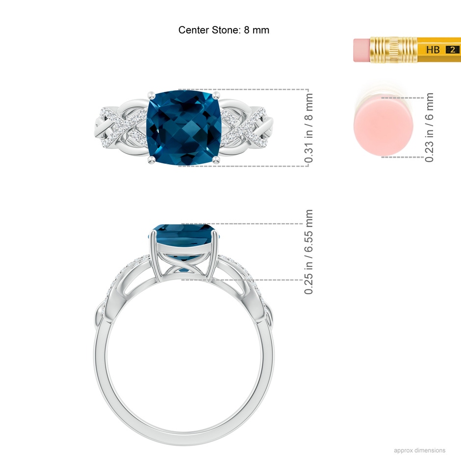 8mm AAAA Criss Cross Shank Cushion London Blue Topaz Engagement Ring in White Gold ruler