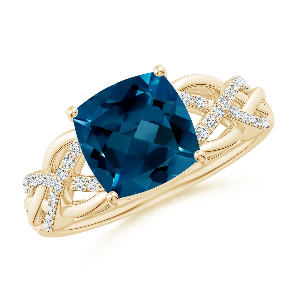 8mm AAAA Criss Cross Shank Cushion London Blue Topaz Engagement Ring in Yellow Gold 