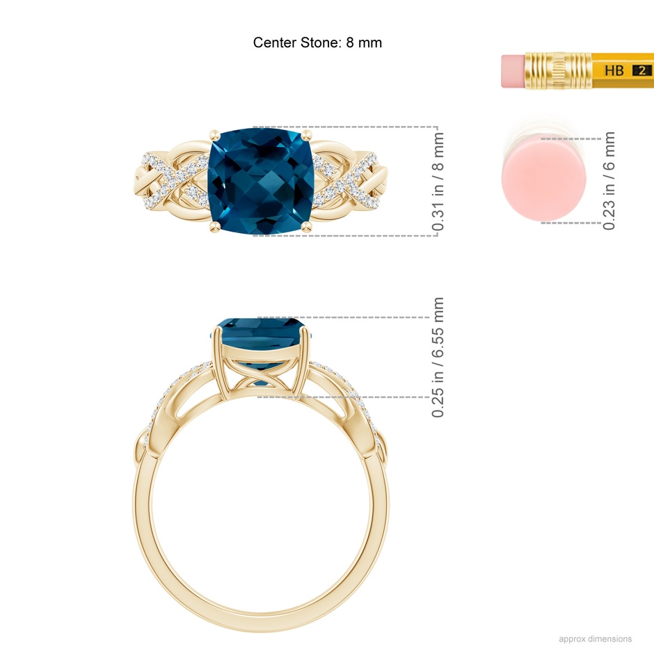 8mm AAAA Criss Cross Shank Cushion London Blue Topaz Engagement Ring in Yellow Gold ruler