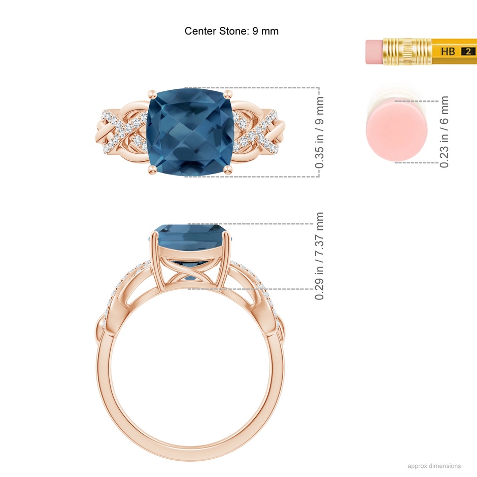 9mm A Criss Cross Shank Cushion London Blue Topaz Engagement Ring in Rose Gold ruler