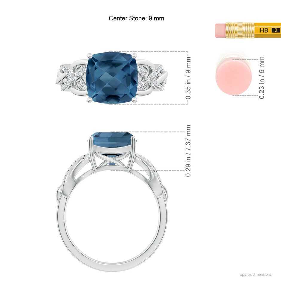 9mm A Criss Cross Shank Cushion London Blue Topaz Engagement Ring in White Gold ruler
