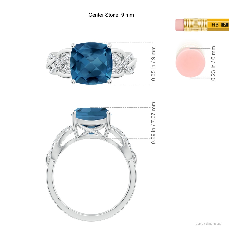 9mm AA Criss Cross Shank Cushion London Blue Topaz Engagement Ring in White Gold ruler