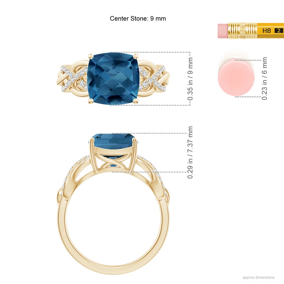 9mm AA Criss Cross Shank Cushion London Blue Topaz Engagement Ring in Yellow Gold ruler