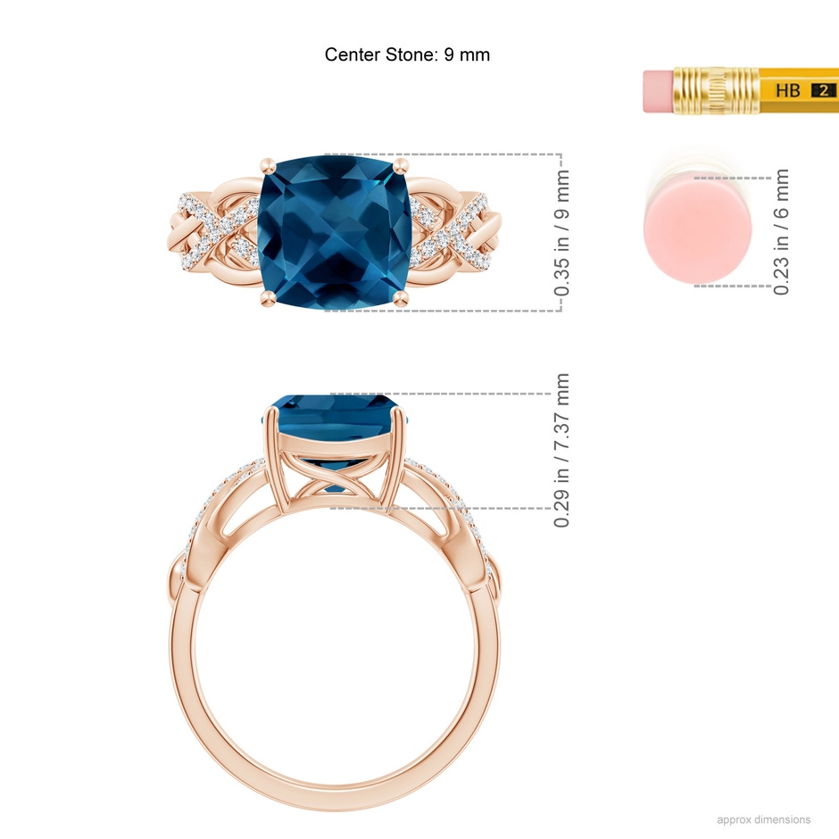 9mm AAA Criss Cross Shank Cushion London Blue Topaz Engagement Ring in Rose Gold ruler