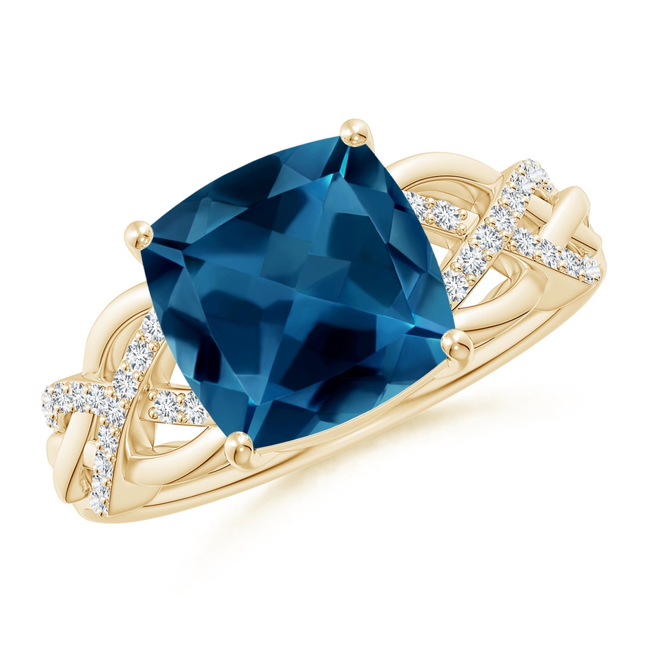 9mm AAA Criss Cross Shank Cushion London Blue Topaz Engagement Ring in Yellow Gold 