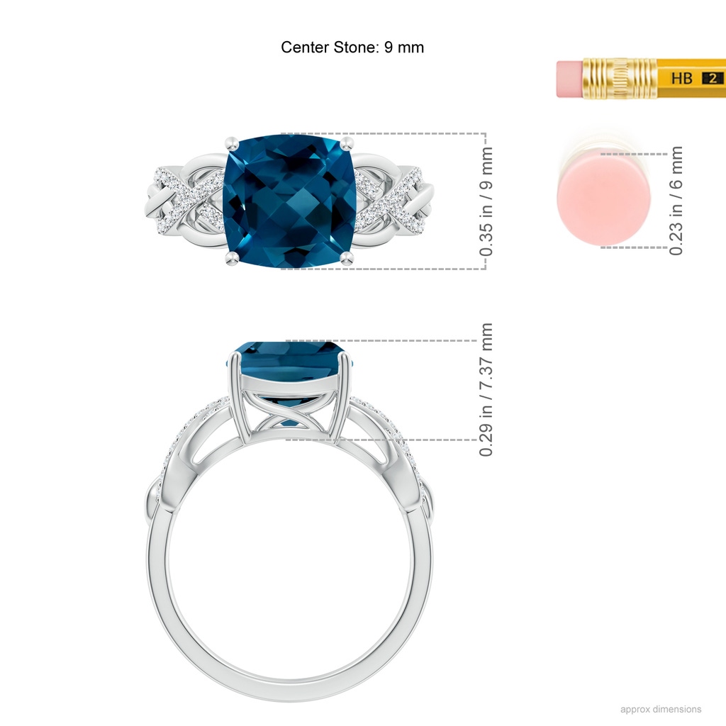 9mm AAAA Criss Cross Shank Cushion London Blue Topaz Engagement Ring in White Gold Ruler