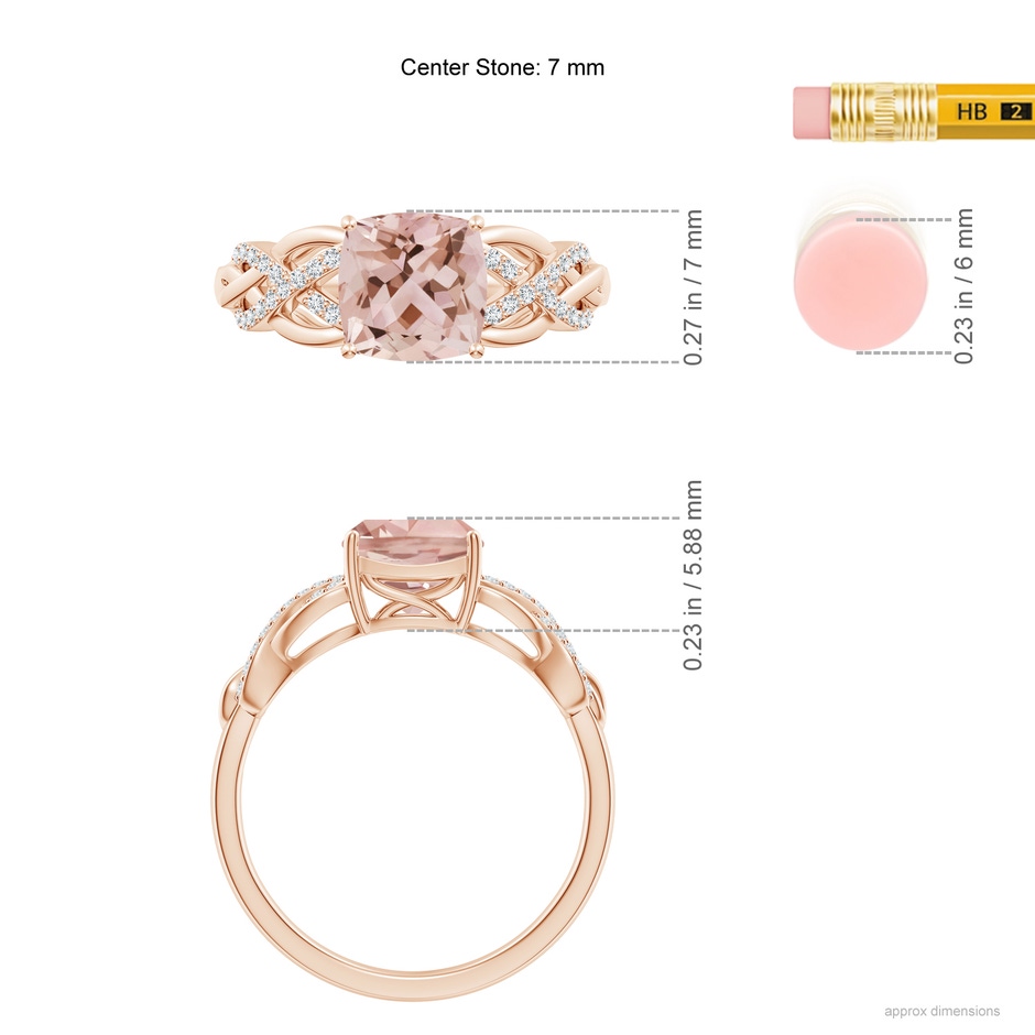 7mm AAA Criss Cross Shank Cushion Morganite Engagement Ring in Rose Gold ruler