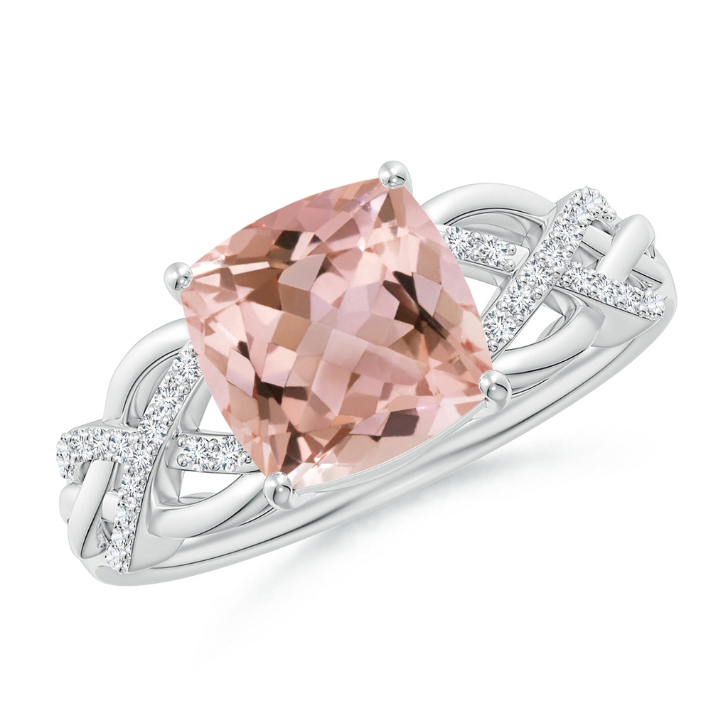 8mm AAAA Criss Cross Shank Cushion Morganite Engagement Ring in White Gold