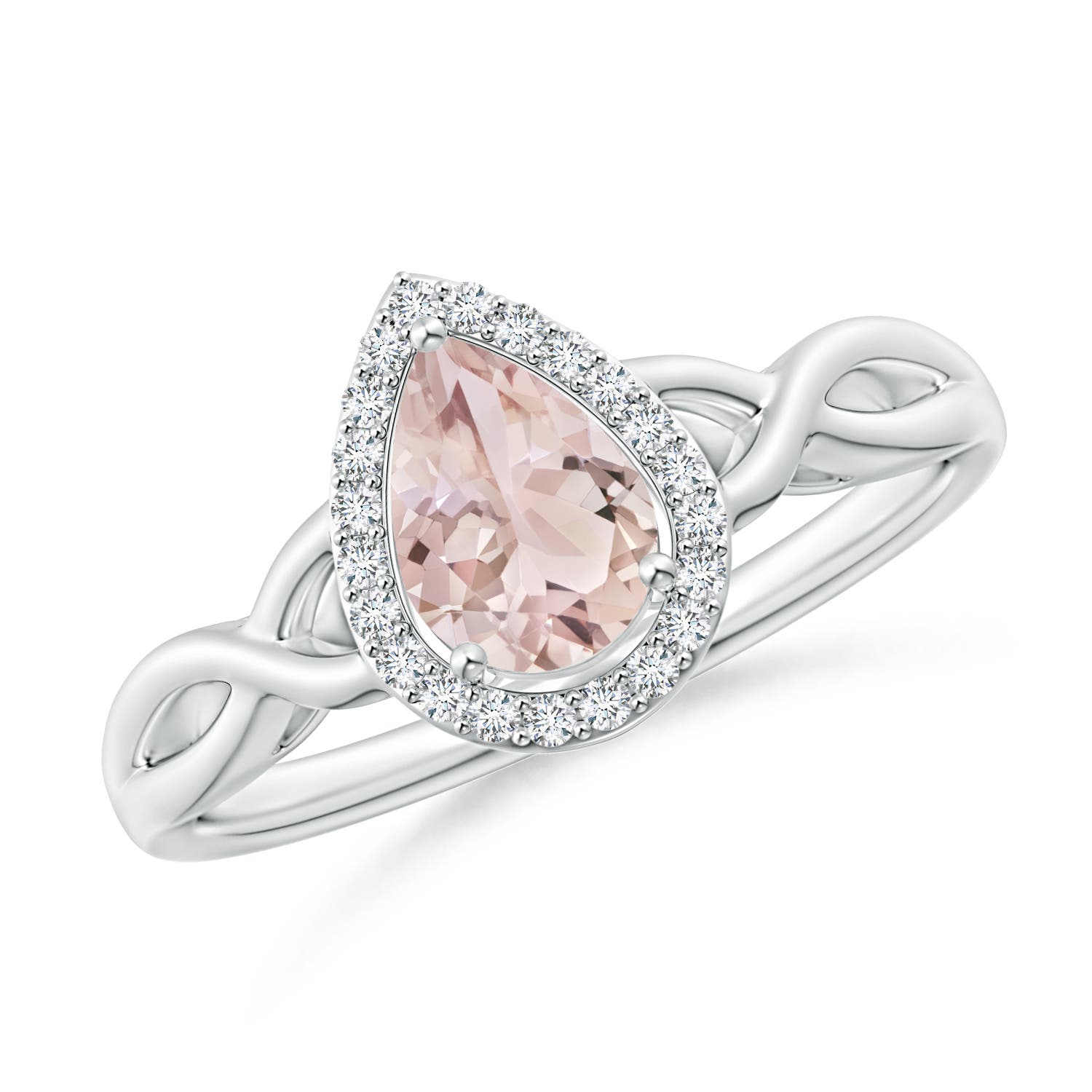 7x5mm A Pear-Shaped Morganite Halo Criss Cross Ring in P950 Platinum