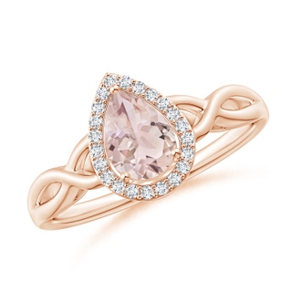 7x5mm A Pear-Shaped Morganite Halo Criss Cross Ring in Rose Gold