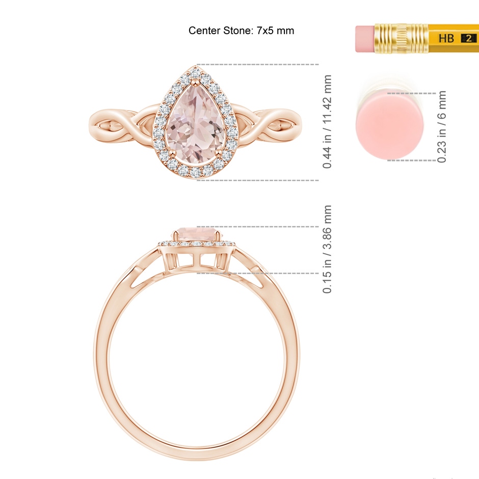 7x5mm A Pear-Shaped Morganite Halo Criss Cross Ring in Rose Gold ruler