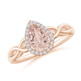 7x5mm AA Pear-Shaped Morganite Halo Criss Cross Ring in 10K Rose Gold