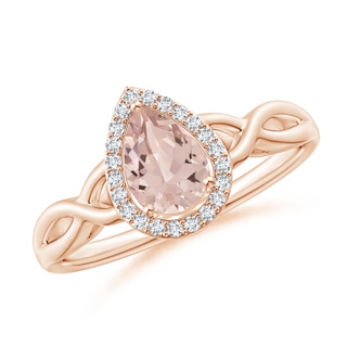 7x5mm AA Pear-Shaped Morganite Halo Criss Cross Ring in Rose Gold