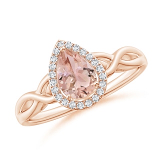 7x5mm AAA Pear-Shaped Morganite Halo Criss Cross Ring in Rose Gold