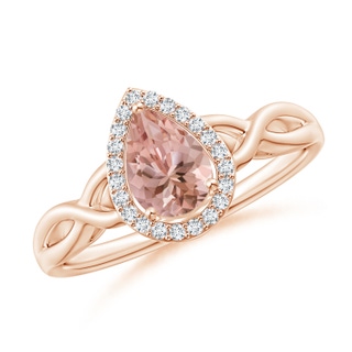 7x5mm AAAA Pear-Shaped Morganite Halo Criss Cross Ring in 10K Rose Gold