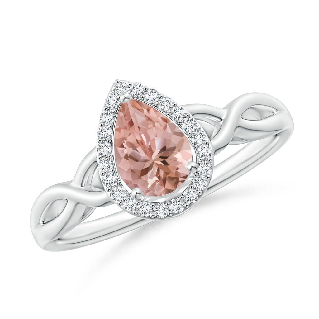 7x5mm AAAA Pear-Shaped Morganite Halo Criss Cross Ring in White Gold