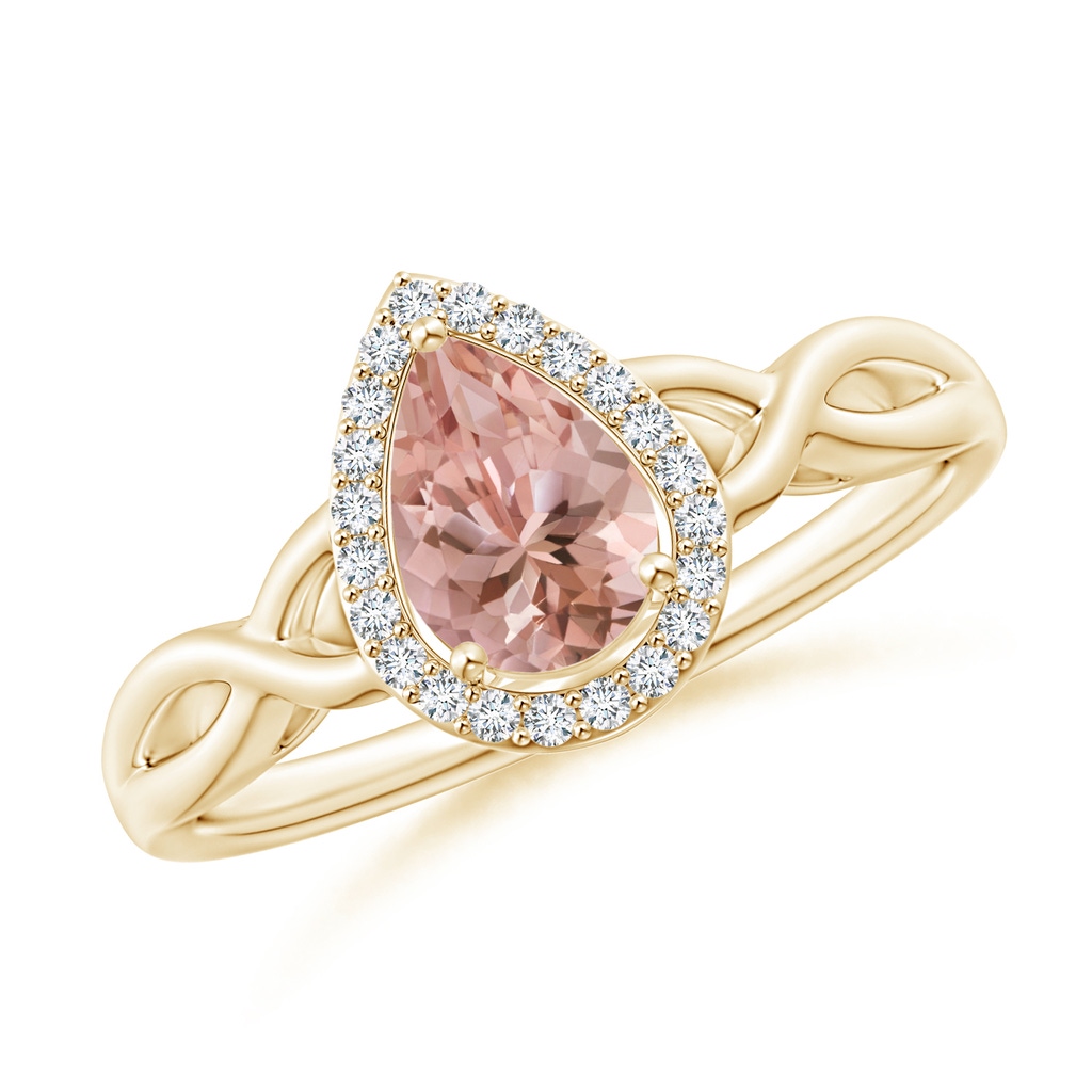 7x5mm AAAA Pear-Shaped Morganite Halo Criss Cross Ring in Yellow Gold