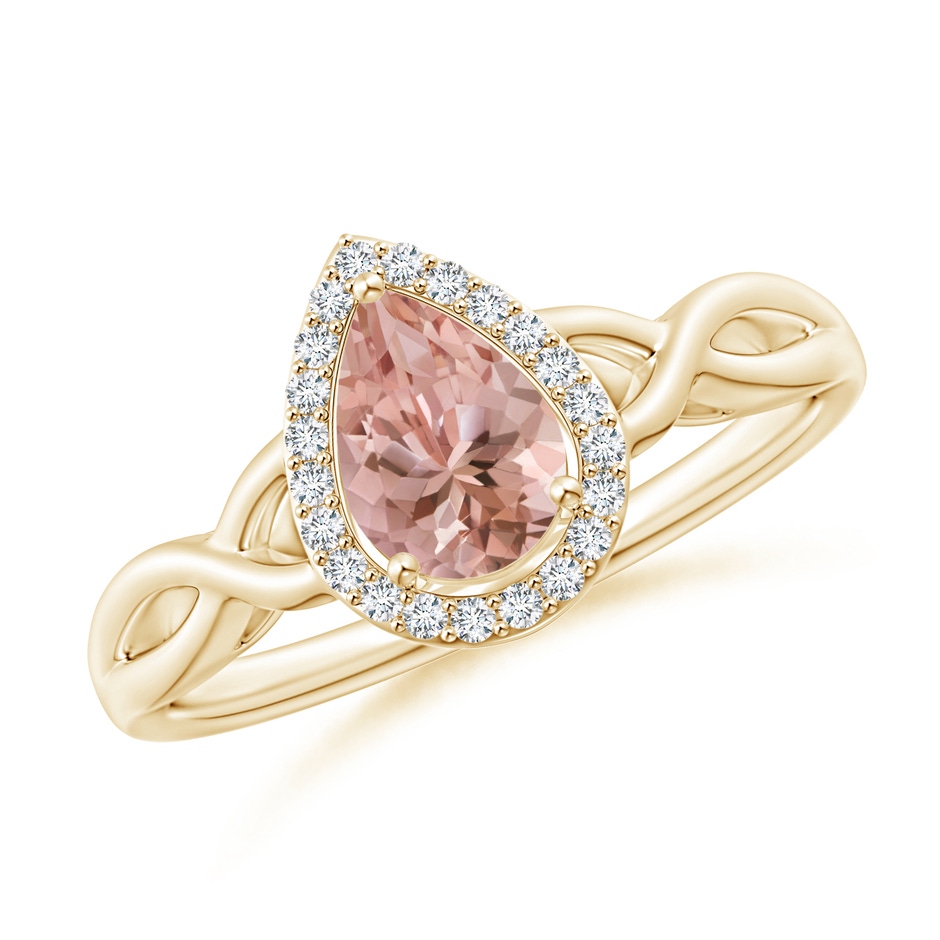 7x5mm AAAA Pear-Shaped Morganite Halo Criss Cross Ring in Yellow Gold 