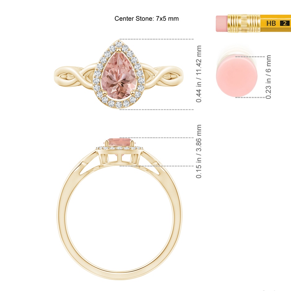 7x5mm AAAA Pear-Shaped Morganite Halo Criss Cross Ring in Yellow Gold ruler