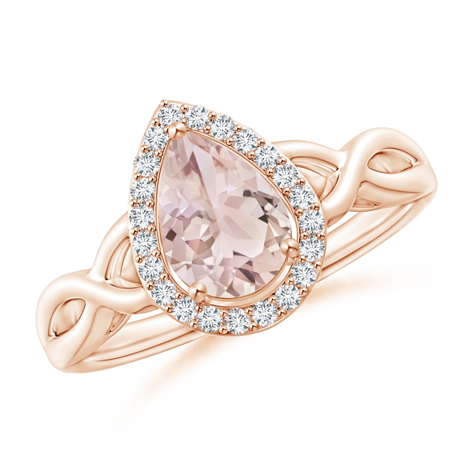 8x6mm A Pear-Shaped Morganite Halo Criss Cross Ring in Rose Gold 