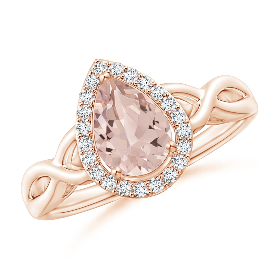 8x6mm AA Pear-Shaped Morganite Halo Criss Cross Ring in Rose Gold 