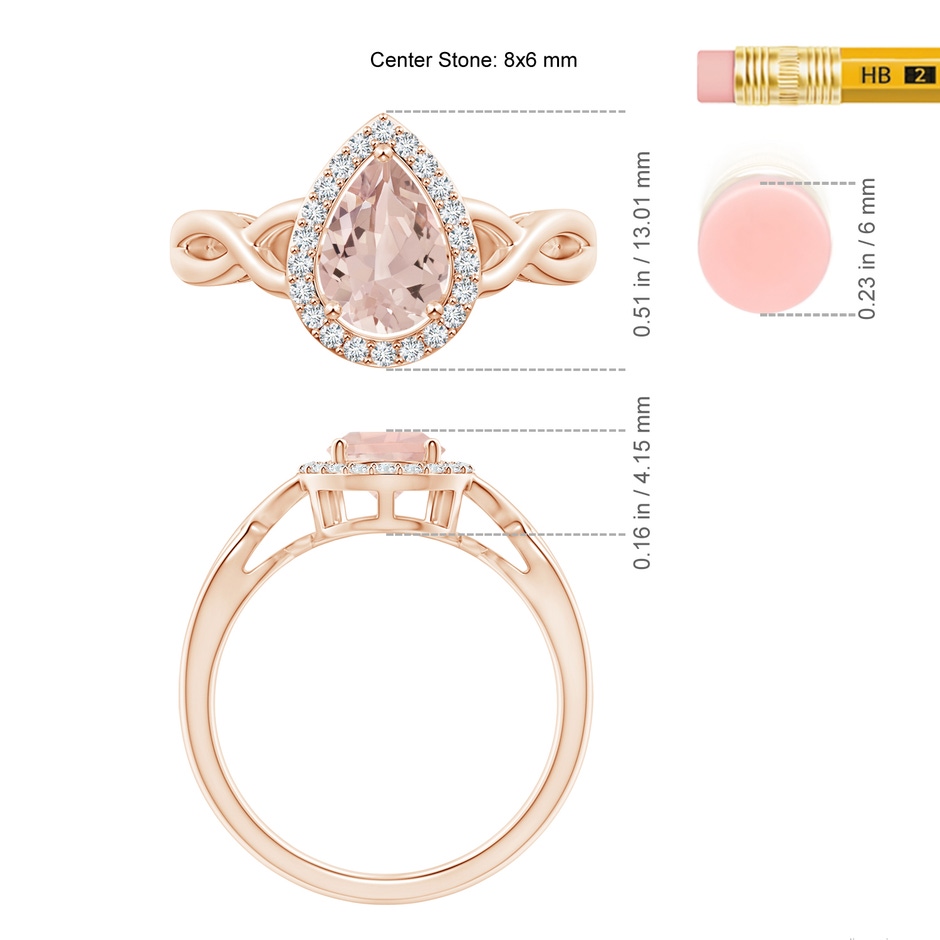 8x6mm AA Pear-Shaped Morganite Halo Criss Cross Ring in Rose Gold ruler