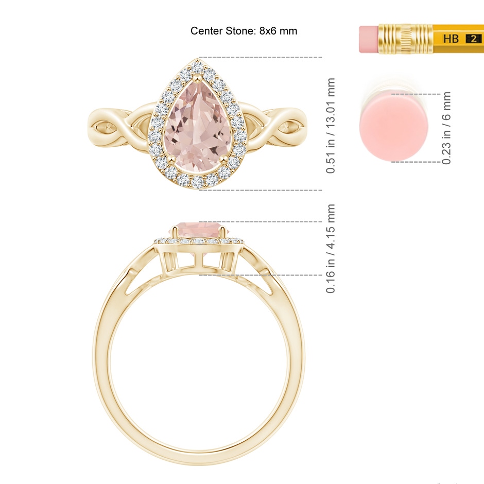 8x6mm AA Pear-Shaped Morganite Halo Criss Cross Ring in Yellow Gold ruler